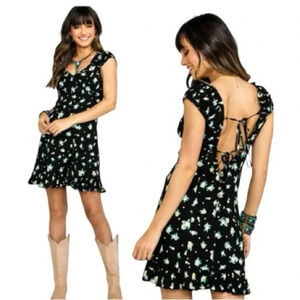 FREE PEOPLE | Black Floral Printed Cottagecore Ruffle Hem Mini Dress Size S